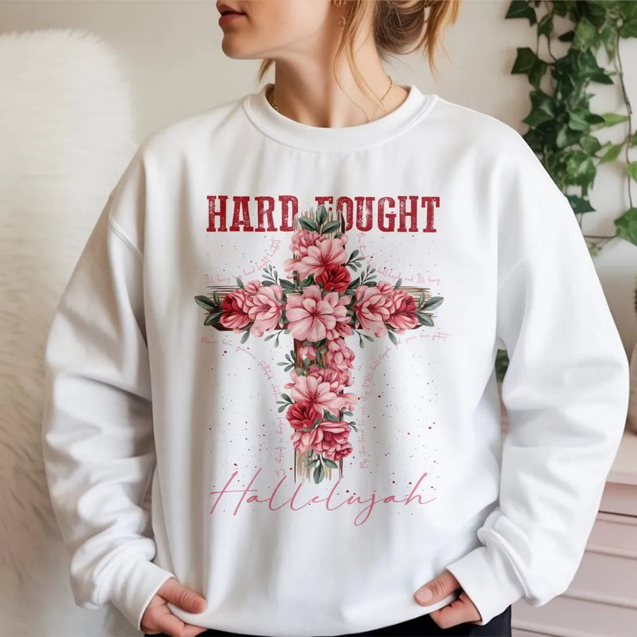 Hard Fought Hallelujah Sweatshirt | Floral Cross Graphic Design | Premium Cotton Blend | Christian Religious Gift for Women