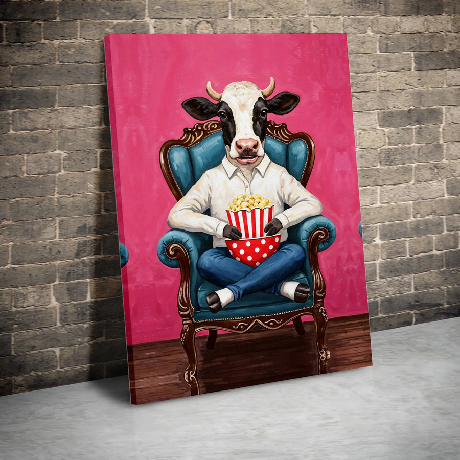 Funny Cow Canvas Wall Art | Anthropomorphic Animal Watching Movie with Popcorn | Premium Gallery Print | Quirky Home & Cinema Room Decor Gift