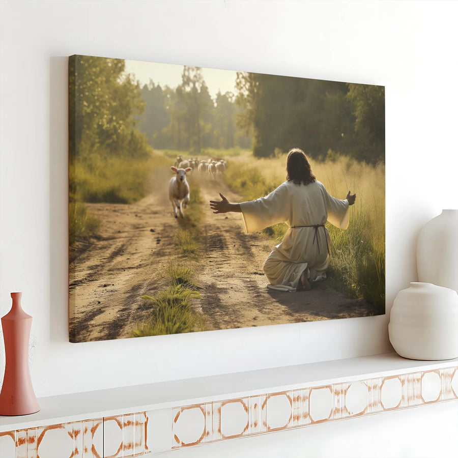 Jesus The Good Shepherd Canvas Art | Welcoming Lost Lamb Scene | Premium Gallery-Wrapped Print | Inspirational Christian Home Decor Gift