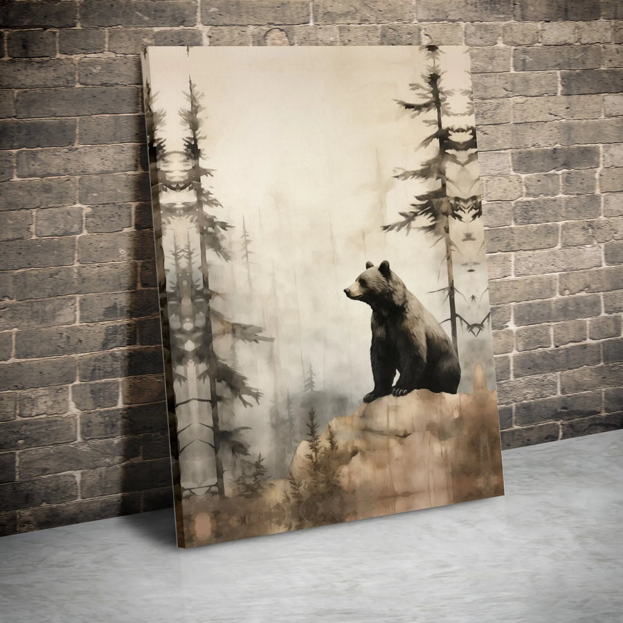 Brown Bear Wall Art | Misty Pine Forest Watercolor Print | Gallery-Quality 1.25 Inch Canvas | Rustic Cabin Decor for Nature Lovers