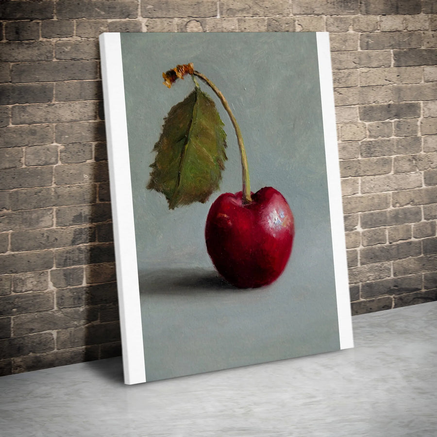 Realistic Cherry Painting Vertical Canvas | Minimalist Fruit Still Life Art | Premium Thick Gallery Wrap | Kitchen & Dining Room Wall Decor Gift