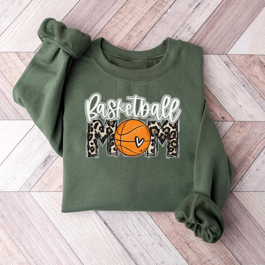 Basketball Mom Sweatshirt | Leopard Print Heart Basketball Graphic | Premium Cotton Blend Crewneck | Cute Sports Team Game Day Gift For Her