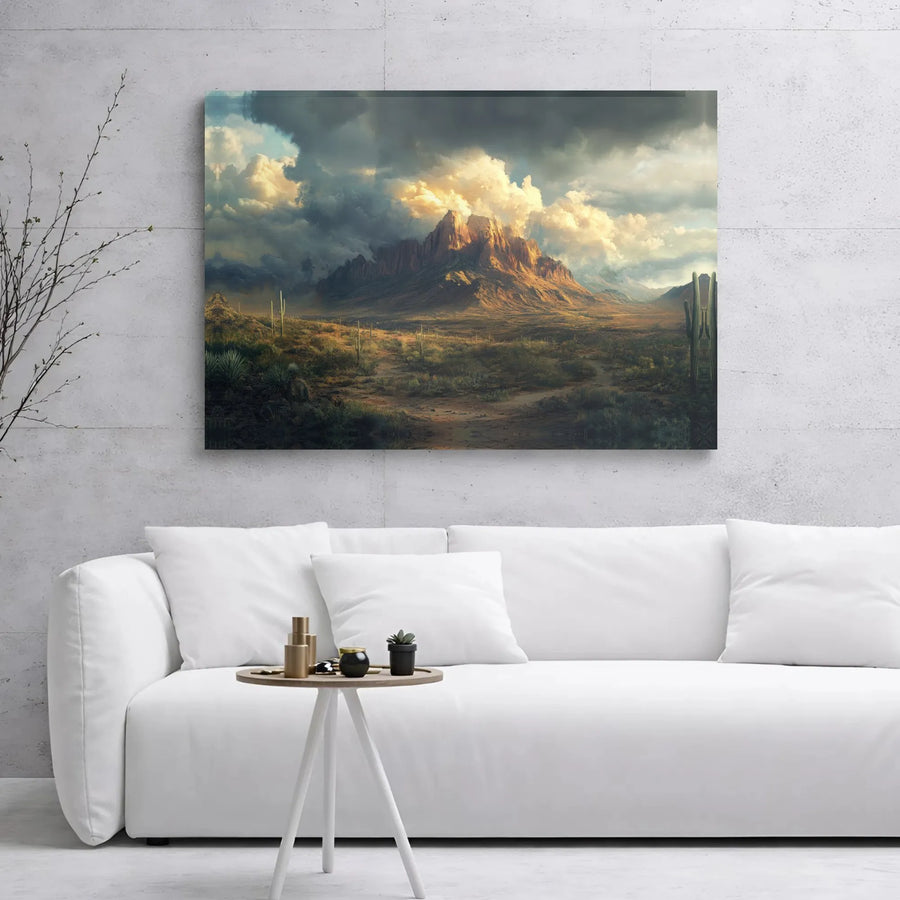 Desert Mountain Canvas Wall Art | Dramatic Stormy Landscape with Saguaro Cacti | Premium 1.25 Inch Gallery Wrap | Southwestern Home Decor Gift