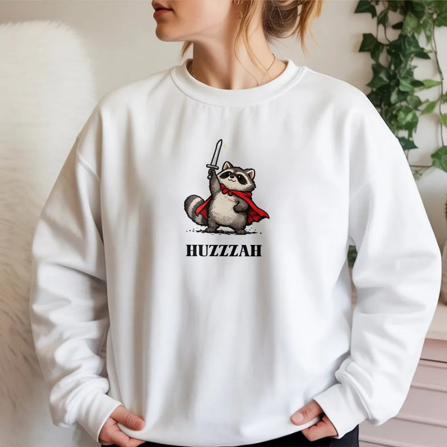 Raccoon Knight Graphic Sweatshirt | Huzzzah Medieval Warrior Humor | Soft Cotton Shirt | Funny Meme Aesthetic Gift for Fantasy Fans