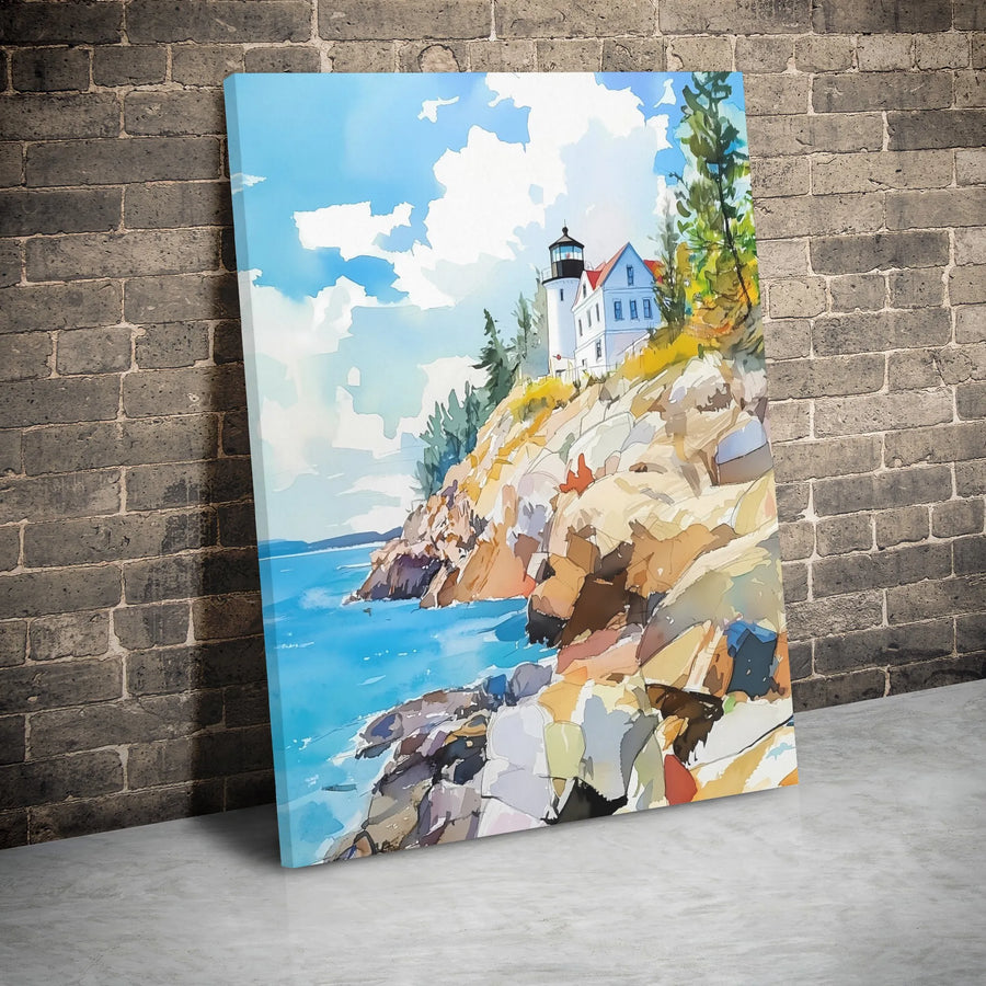 Lighthouse Canvas Wall Art | Coastal Watercolor Painting | Premium Gallery Wrap Print | Nautical Home Decor Gift for Beach Lovers