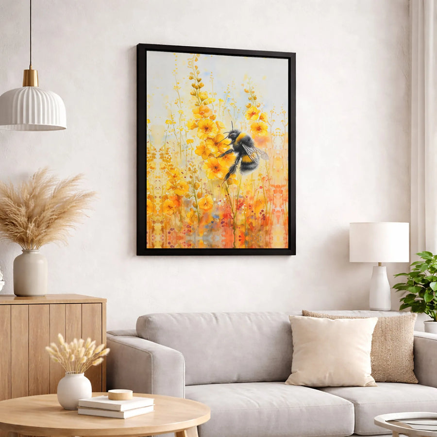 Watercolor Bumblebee Canvas Art | Yellow Floral Meadow Wall Decor | Premium 1.25-Inch Gallery Wrap | Nature-Inspired Home Office Gift