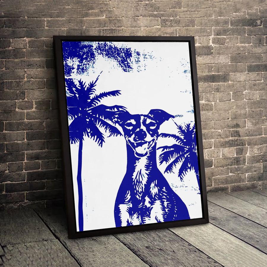 Dog Wall Art Canvas | Tropical Palm Tree Blue Coastal Decor | Gallery Wrap Premium Print | Beach House Modern Home Gift
