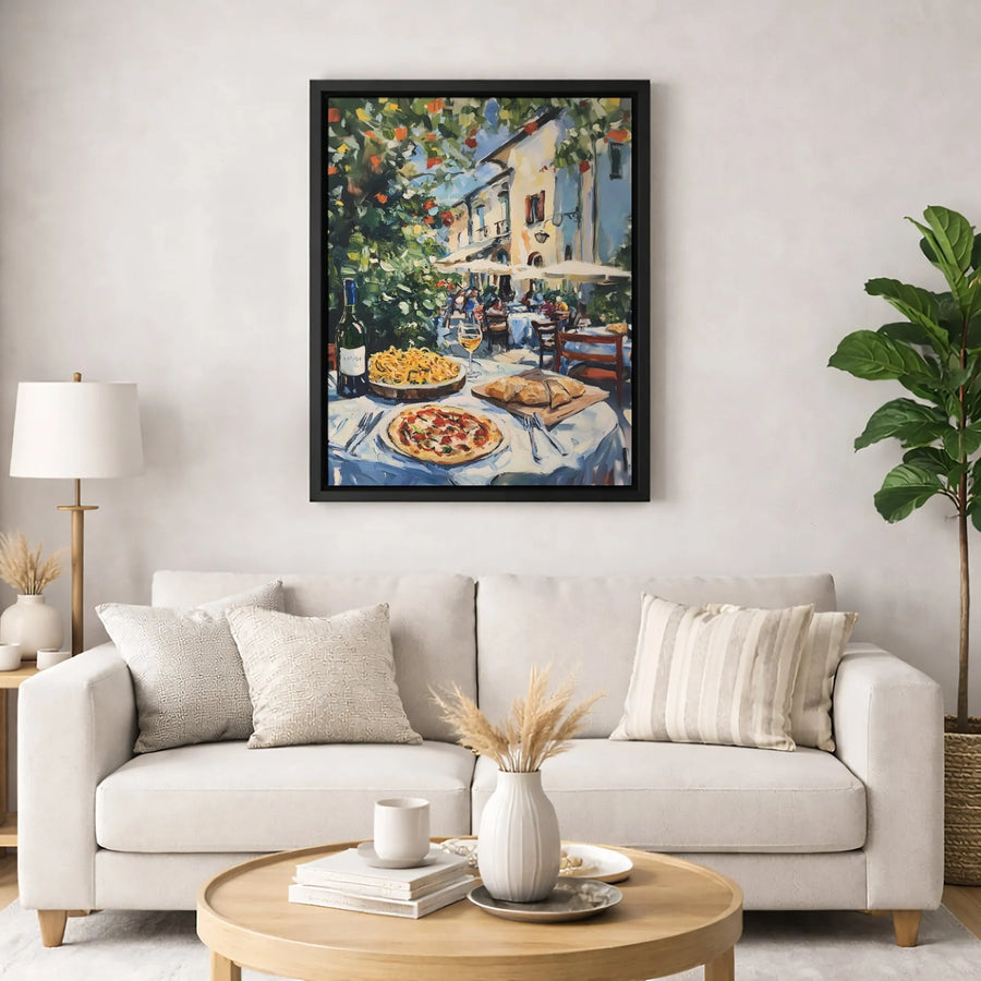 Italian Cafe Canvas Art | Romantic Street Scene With Pizza And Wine | Premium Gallery Wrap Print | Kitchen Wall Decor Gift