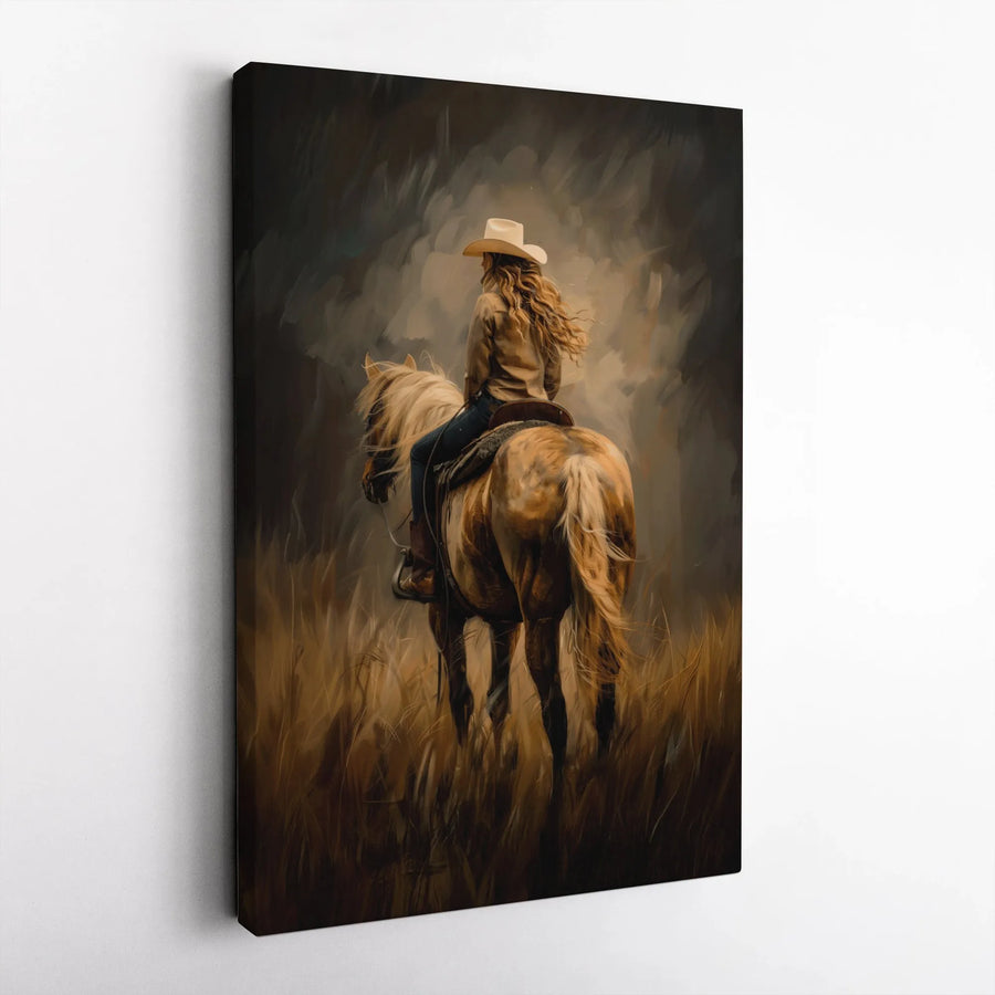 Cowgirl on Horse Canvas Print | Rustic Painterly Western Art | Premium Fade-Resistant Gallery Wrap | Collector Gift for Farmhouse Decor