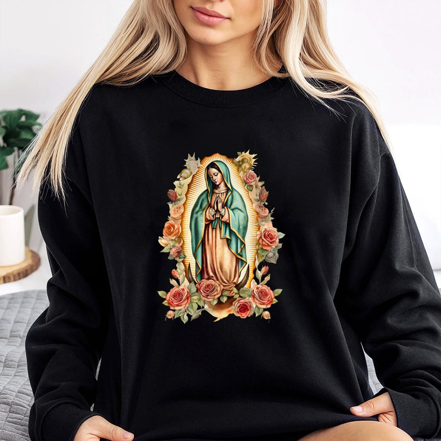 Our Lady of Guadalupe Sweatshirt | Floral Virgin Mary Religious Design | Premium Cotton Blend | Christian Catholic Gift for Women and Men