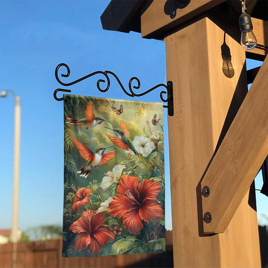 Hummingbird Garden Flag | Tropical Hibiscus Flowers & Butterflies | Weather-Resistant Premium Polyester | Vibrant Summer Yard Decor Gift