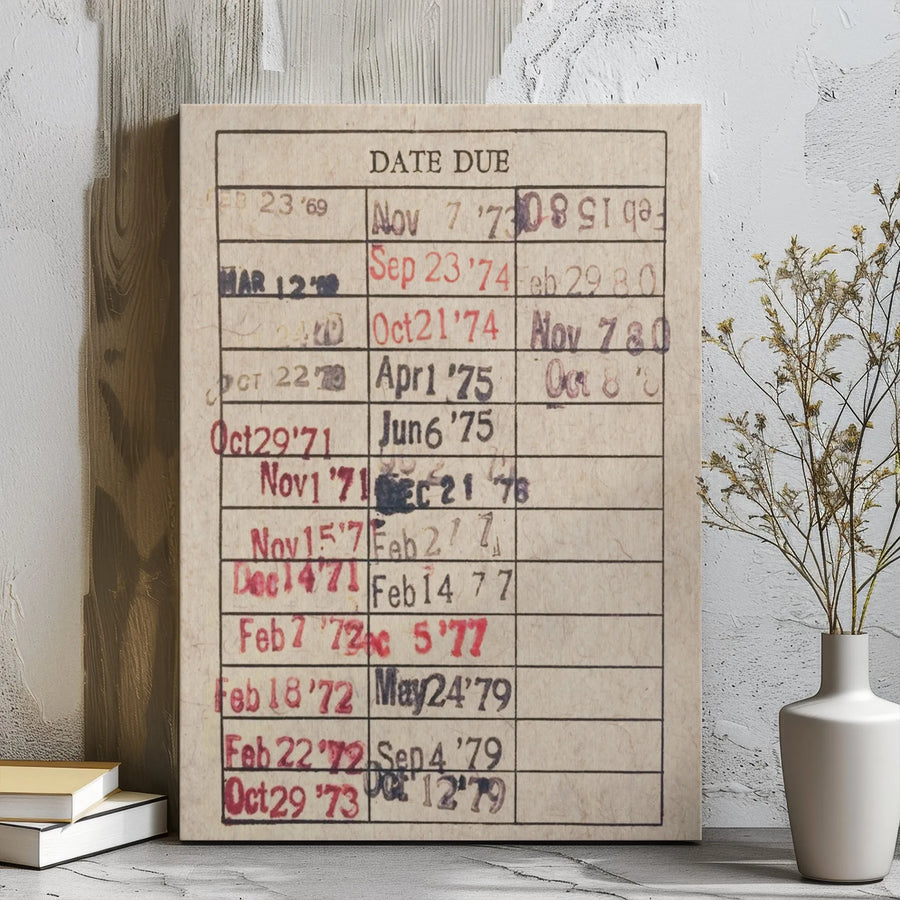 Vintage Library Due Date Card Canvas Wall Art | Retro Book Lover Aesthetic Decor | Premium Gallery Wrap Print | Unique Gift for Readers & Librarians