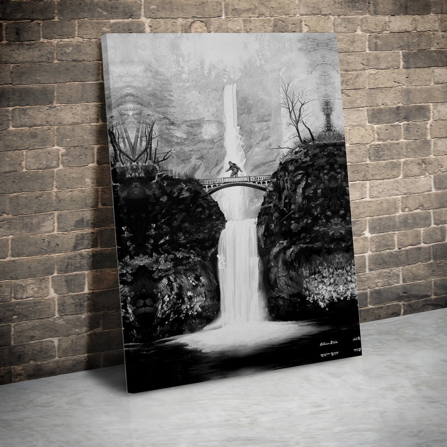 Bigfoot Wall Art Canvas | Black and White Multnomah Falls Print | Gallery Wrapped 1.25" Profile | Rustic Cabin Home Decor Gift