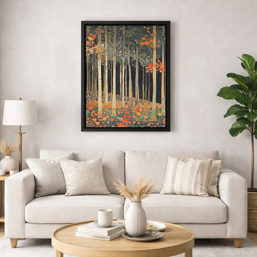 Abstract Forest Canvas Art | Mosaic Style Woodland Trees with Orange Flowers | Premium Gallery-Wrapped Print | Modern Home & Office Decor Gift