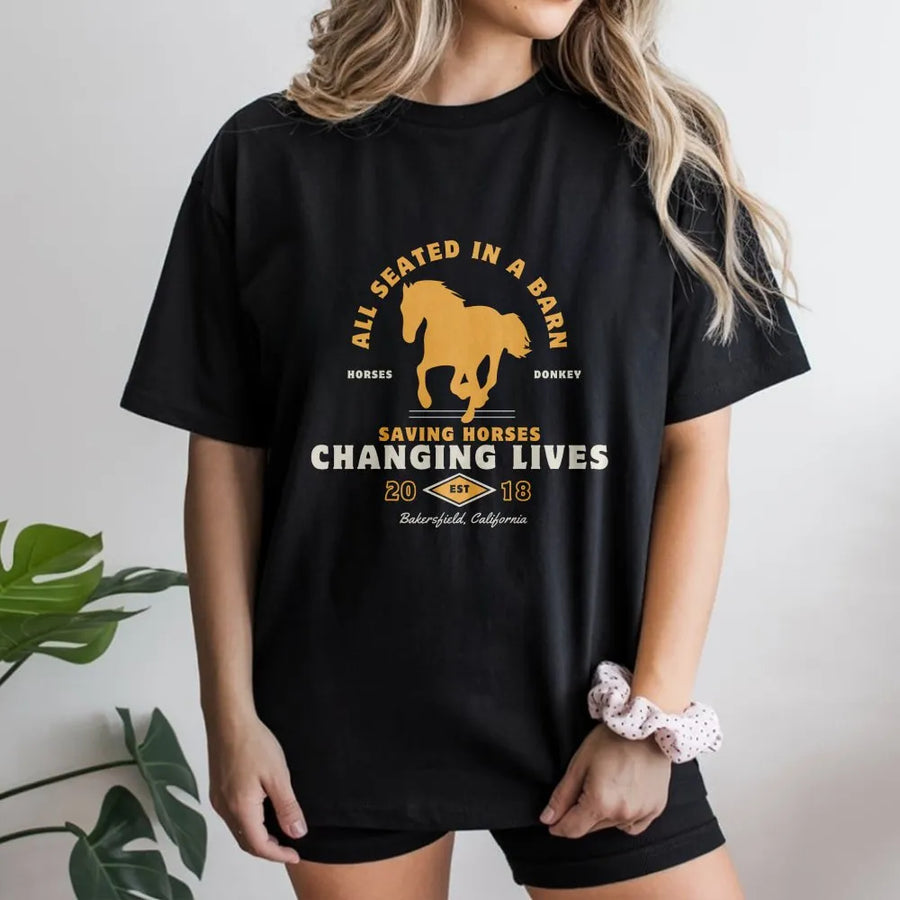 Horse Rescue T-Shirt | All Seated In A Barn Graphic Design | Premium Cotton Apparel | Gift For Horse Lover And Animal Sanctuary Supporter