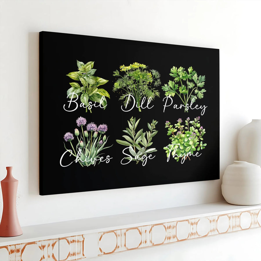 Kitchen Herbs Canvas Wall Art | Watercolor Botanical Herb Chart | Premium Gallery Wrapped Canvas | Modern Farmhouse Decor Gift for Home Chef