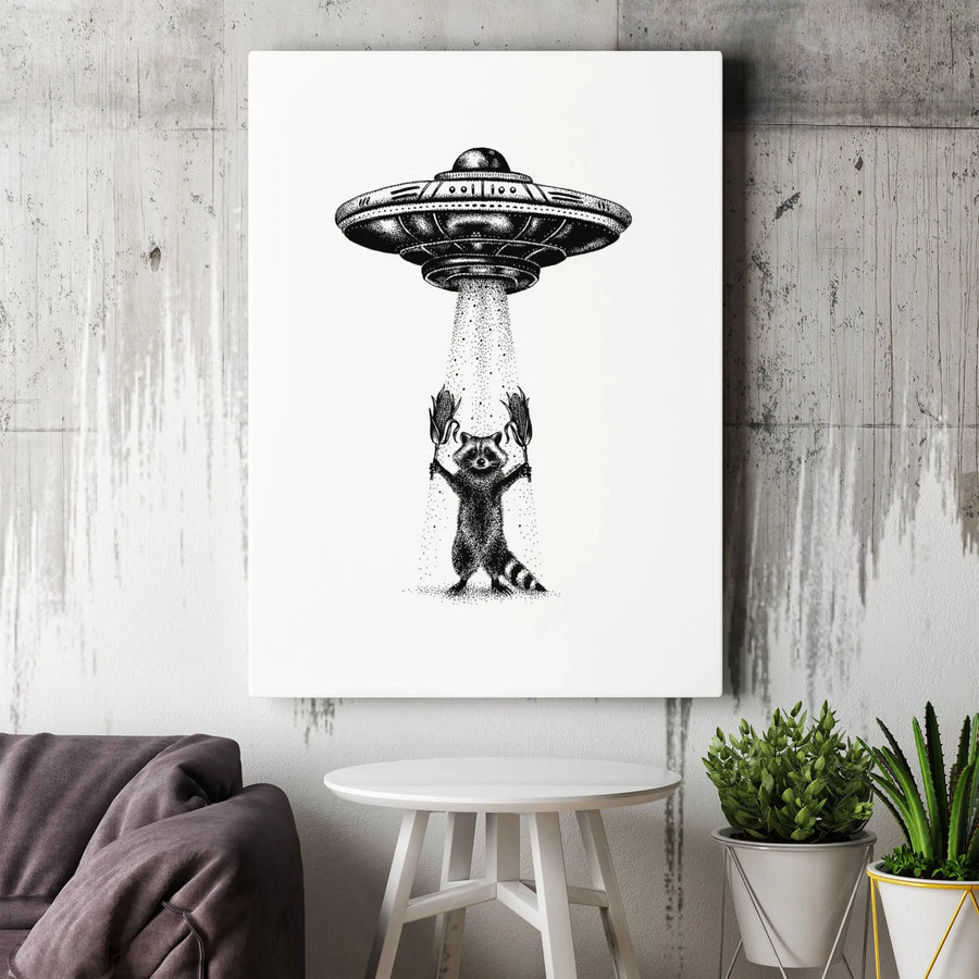 Raccoon UFO Canvas Print | Whimsical Alien Abduction Art | Gallery Wrapped Premium Wall Decor | Quirky Gift for Raccoon Lovers