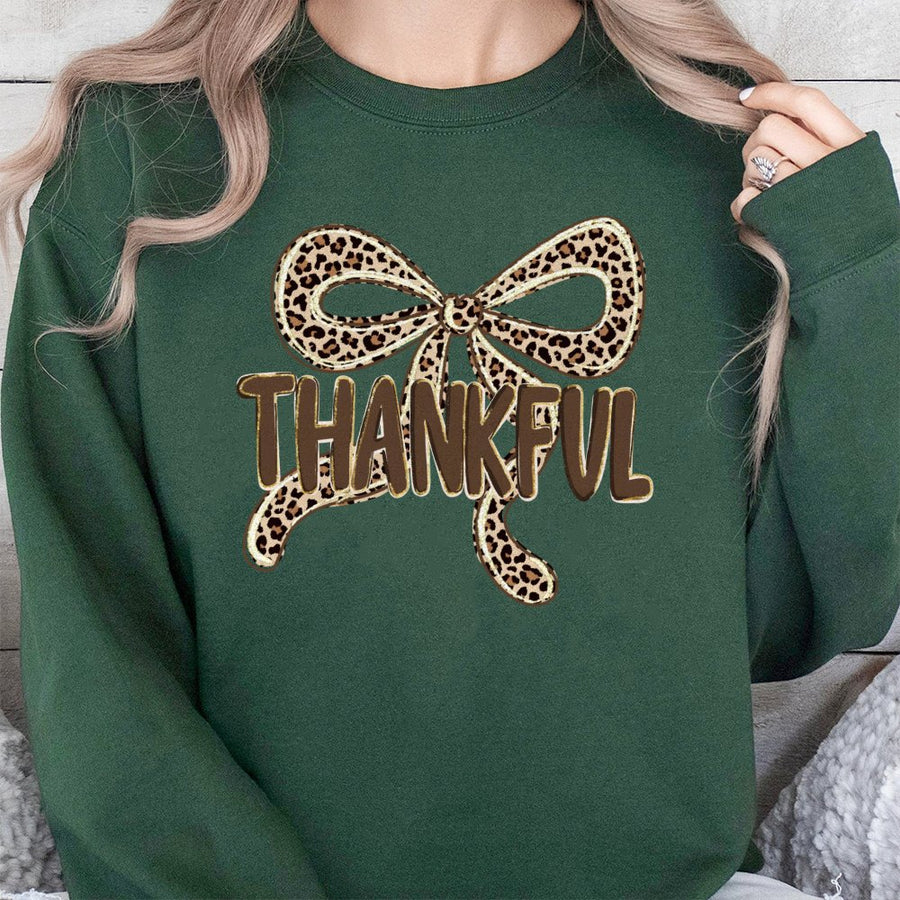 Thankful Leopard Bow Sweatshirt | Preppy Coquette Thanksgiving Fall Aesthetic | Soft Cotton Blend Crewneck | Trendy Holiday Gift For Her