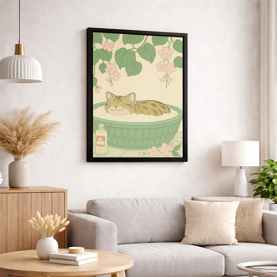 Cute Cat Canvas Wall Art | Japanese Inspired Bubble Bath Illustration | Premium Gallery Wrapped Print | Whimsical Home Decor Gift