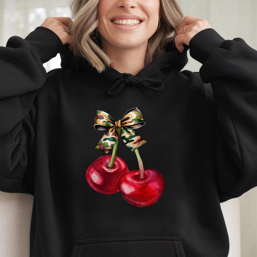 Cherry Camo Bow Hoodie | Watercolor Fruit Graphic Print | Premium Cotton-Blend Fleece | Coquette Aesthetic Gift for Her