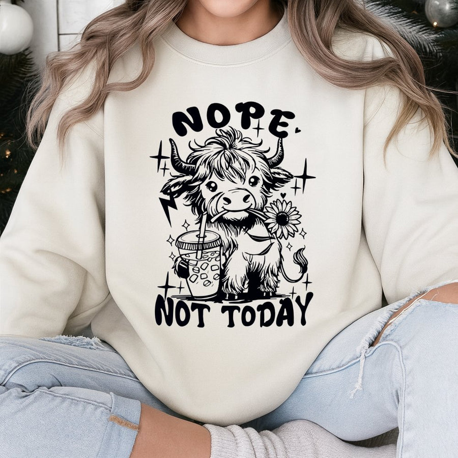 Highland Cow Sweatshirt | Nope Not Today Coffee Graphic | Premium Cotton Blend | Funny Farm Animal Lover Gift
