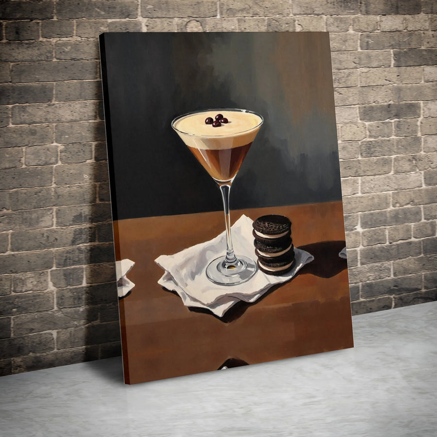 Espresso Martini Wall Art | Still Life Cocktail and Cookie Canvas Print | Premium Gallery Wrapped Decor | Modern Kitchen and Bar Gift