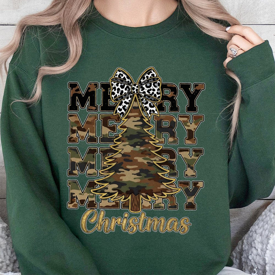 Merry Christmas Camo Tree Sweatshirt | Rustic Leopard Bow Graphic Print | Premium Cotton Blend | Holiday Gift For Her & Him