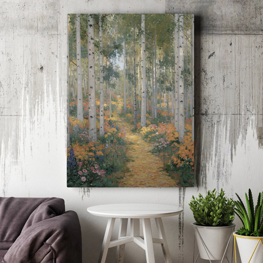 Aspen Forest Canvas Art | Colorful Wildflower Woodland Path Print | Premium 1.25 Inch Gallery Wrap | Nature Home Decor Wall Art