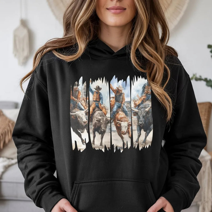 Bucking Bull Rider Hoodie | Rodeo Western Graphic Art | Premium Cotton Blend | Country Style Gift for Him or Her