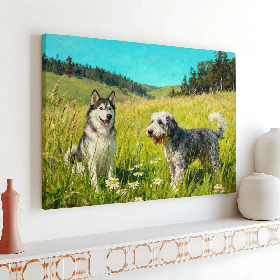 Siberian Husky and Sheepadoodle Dog Canvas Wall Art | Impressionist Daisy Field Painting | Gallery Wrapped Premium Quality | Gift for Dog Lovers