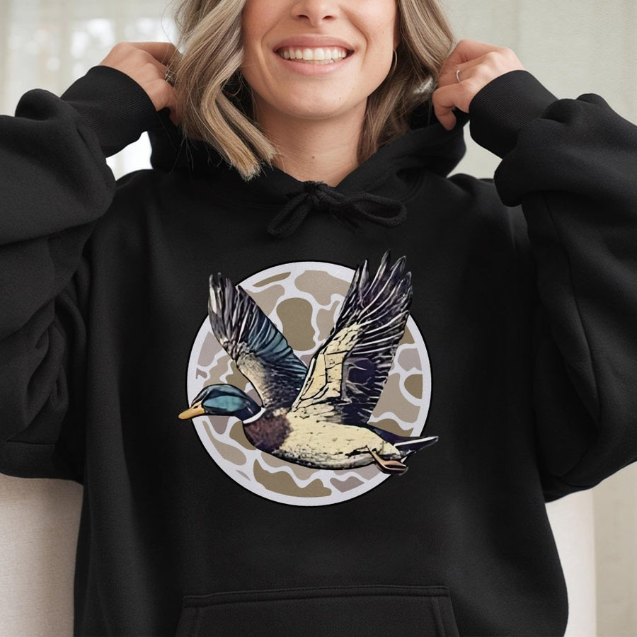 Mallard Duck Hoodie | Flying Waterfowl Hunting Design | Premium Cotton-Blend Apparel | Gift for Outdoorsmen and Wildlife Enthusiasts
