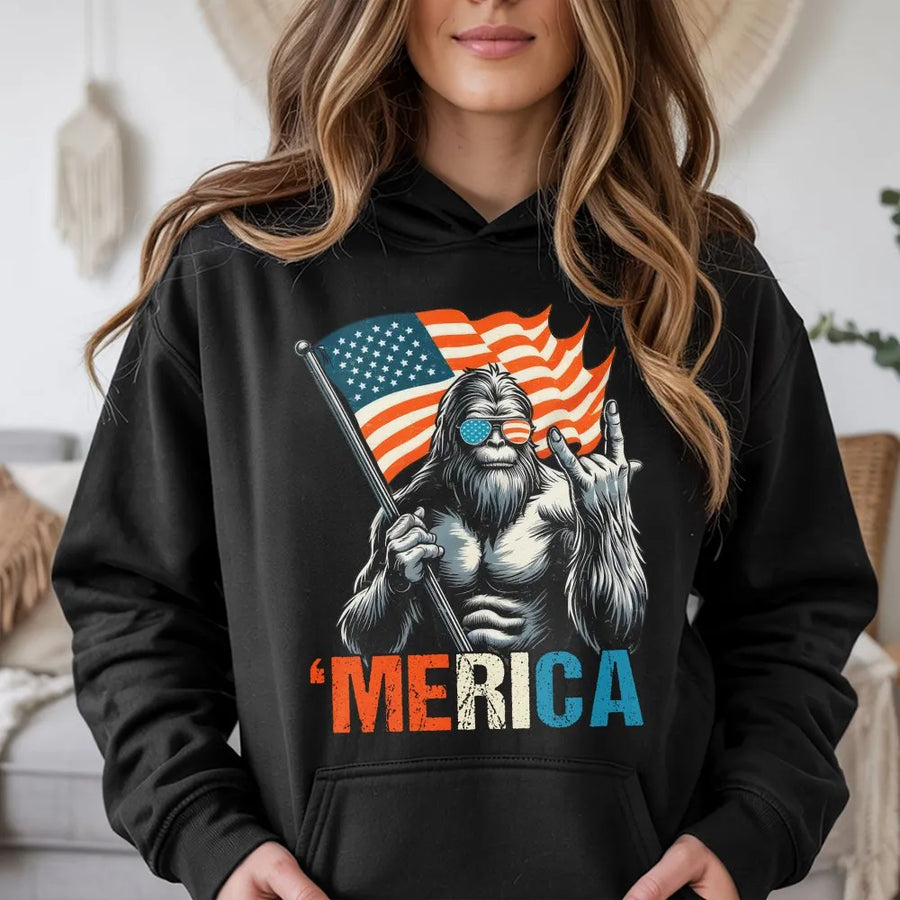 Bigfoot Merica Hoodie | American Flag Sasquatch Graphic | Soft Cotton Blend Pullover | Funny Patriotic Gift for Men