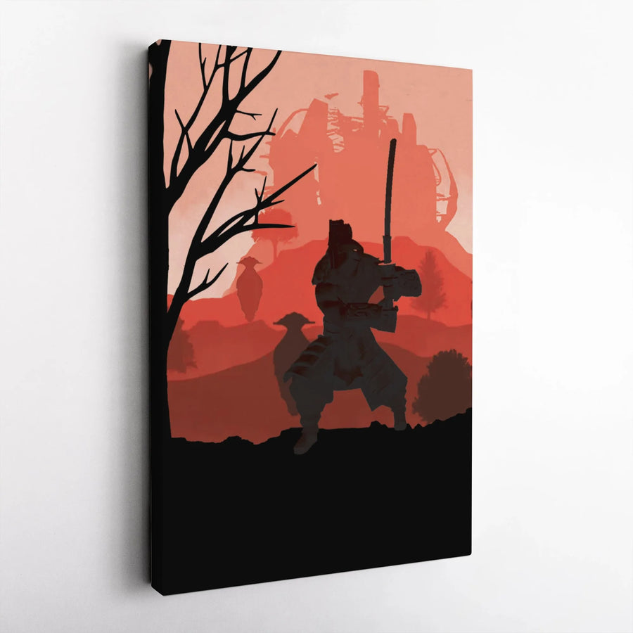 Samurai Warrior Canvas Wall Art | Red Japanese Landscape Silhouette | Premium Gallery Wrap Print | Zen Home Office Decor Gift