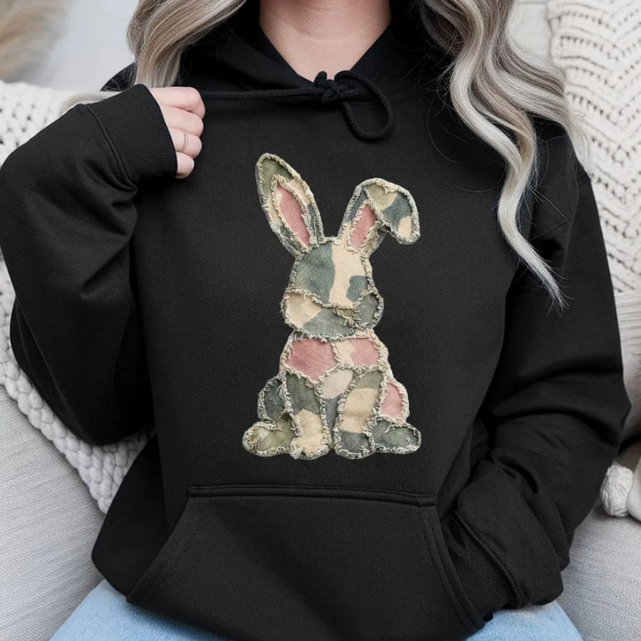 Camo Patchwork Bunny Hoodie | Distressed Rabbit Graphic Print | Premium Cotton-Poly Blend | Cute Easter Sweatshirt Gift for Women and Men