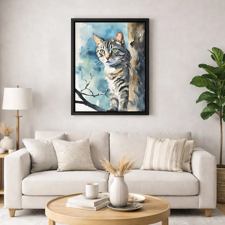 Tabby Cat Canvas Wall Art | Watercolor Green-Eyed Kitty in Tree | Premium Gallery Wrap Decor | Gift for Cat Lovers & Pet Owners