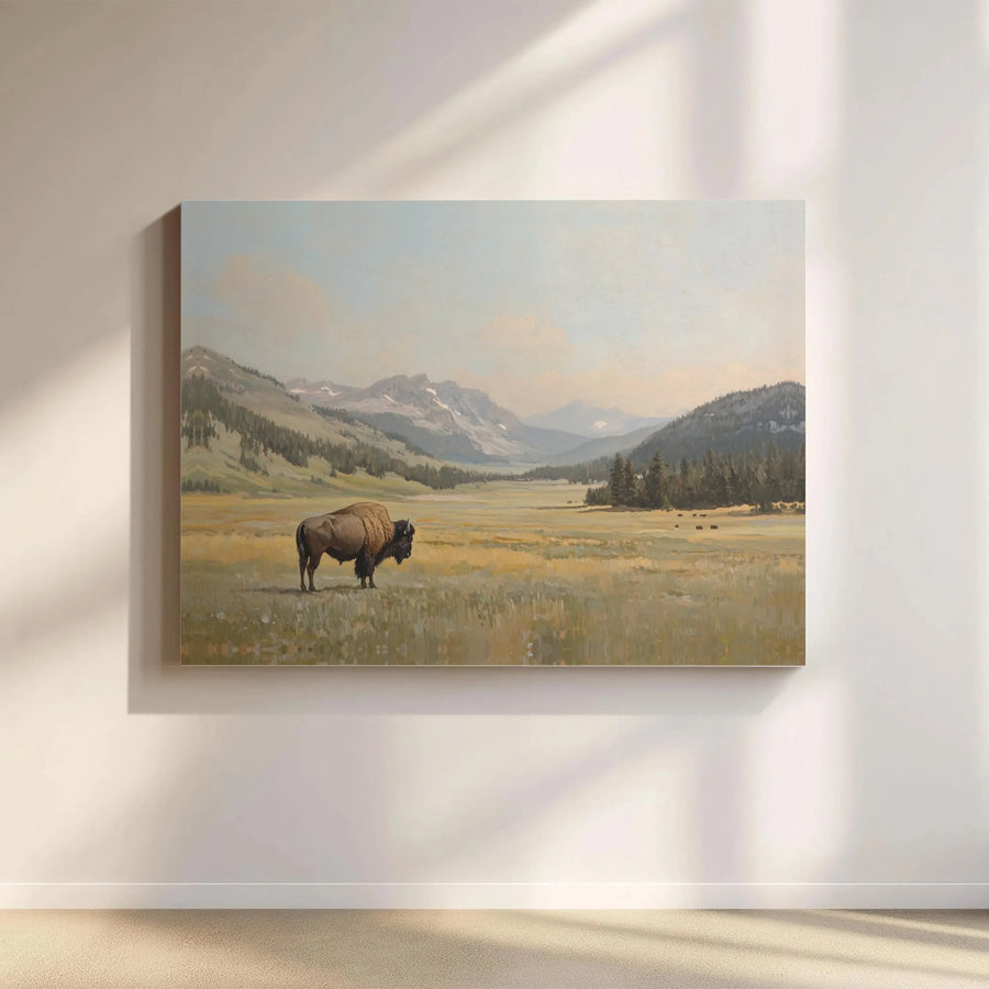 American Bison Canvas Art | Western Mountain Valley Landscape | Premium Gallery Wrapped Print | Rustic Nature Wall Decor for Home and Office
