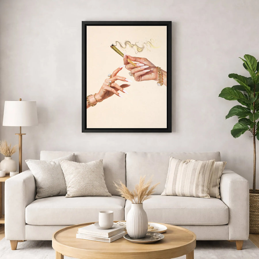 Stoner Aesthetic Wall Art | Chic Hands With Gold Jewelry And Nails Passing Blunt | Gallery-Quality Canvas Print | Premium Home Decor Gift