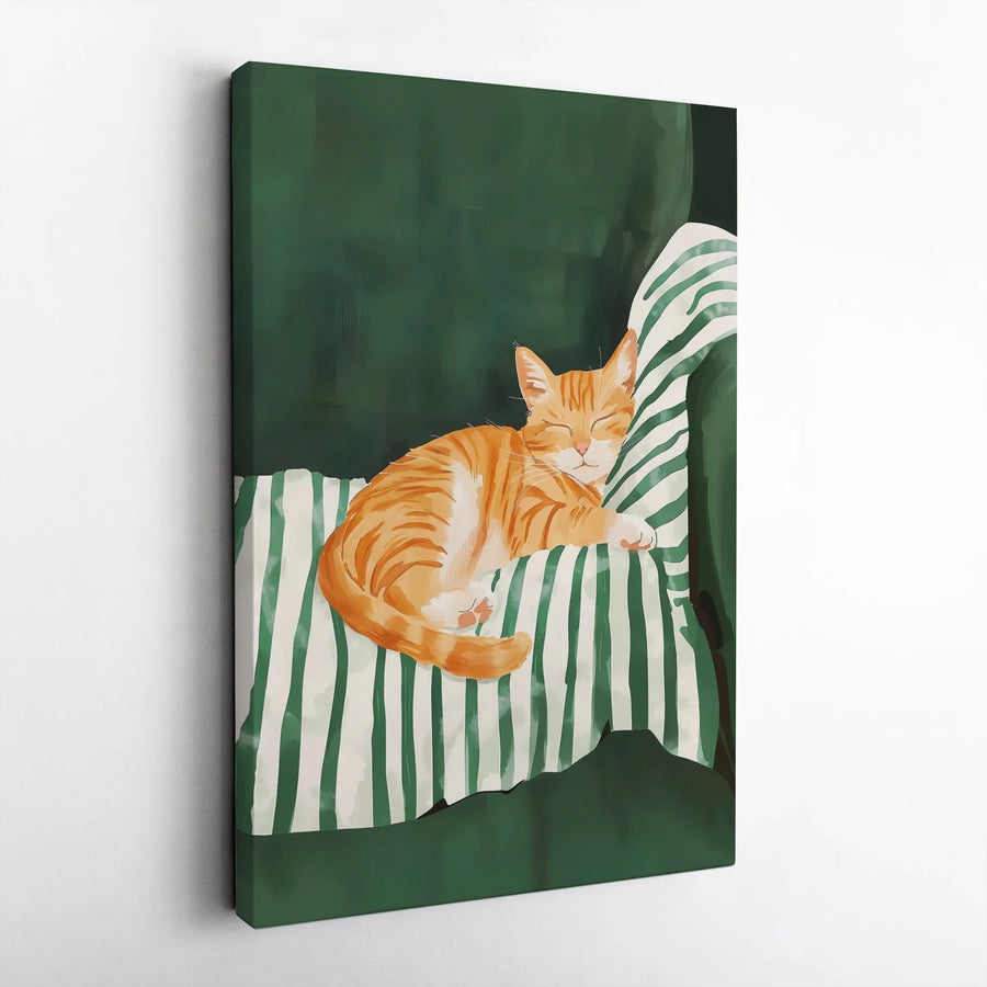 Sleeping Orange Tabby Cat Wall Art | Cozy Botanical Illustration | Premium Gallery Wrapped Canvas | Gift For Cat Lovers And Home Decor Enthusiasts