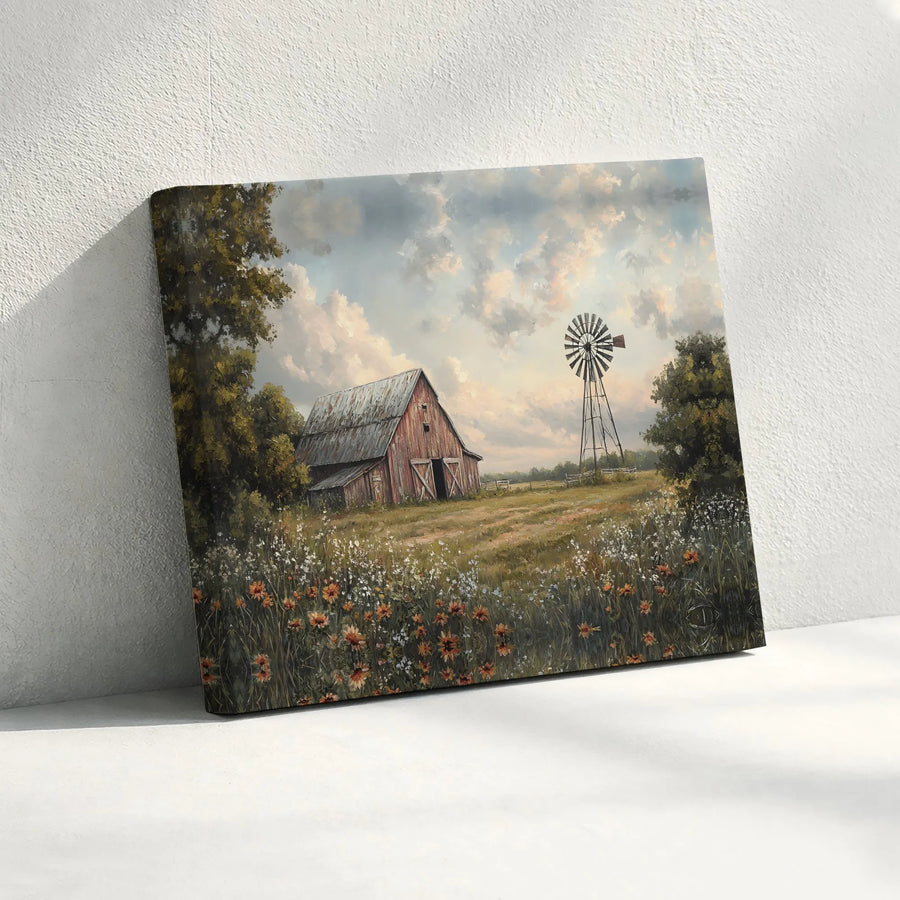 Rustic Country Barn Horizontal Canvas | Vintage Windmill & Wildflower Landscape Wall Art | Fade-Resistant 1.25" Gallery Wrap Print | Farmhouse Home Decor Housewarming Gift
