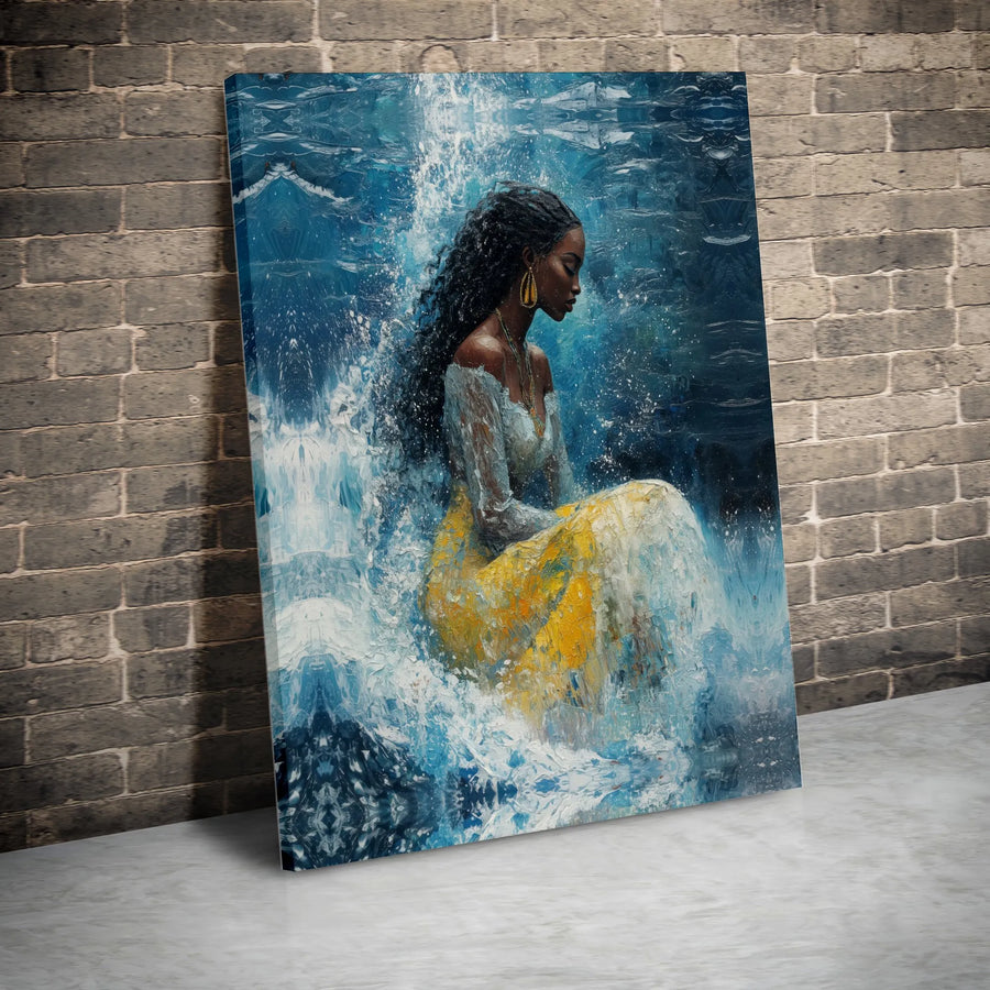 Black Woman Water Goddess Canvas Print | Abstract Ocean Portrait Painting | Premium Gallery Wrapped Wall Art | Afrocentric Spiritual Home Decor Gift