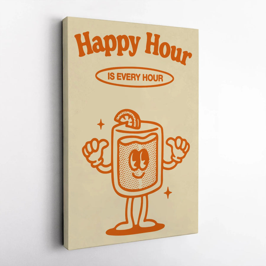 Happy Hour Canvas Wall Art | Retro Cartoon Cocktail Poster | Premium Gallery Wrap Print | Fun Bar Decor Gift for Home Kitchen or Man Cave