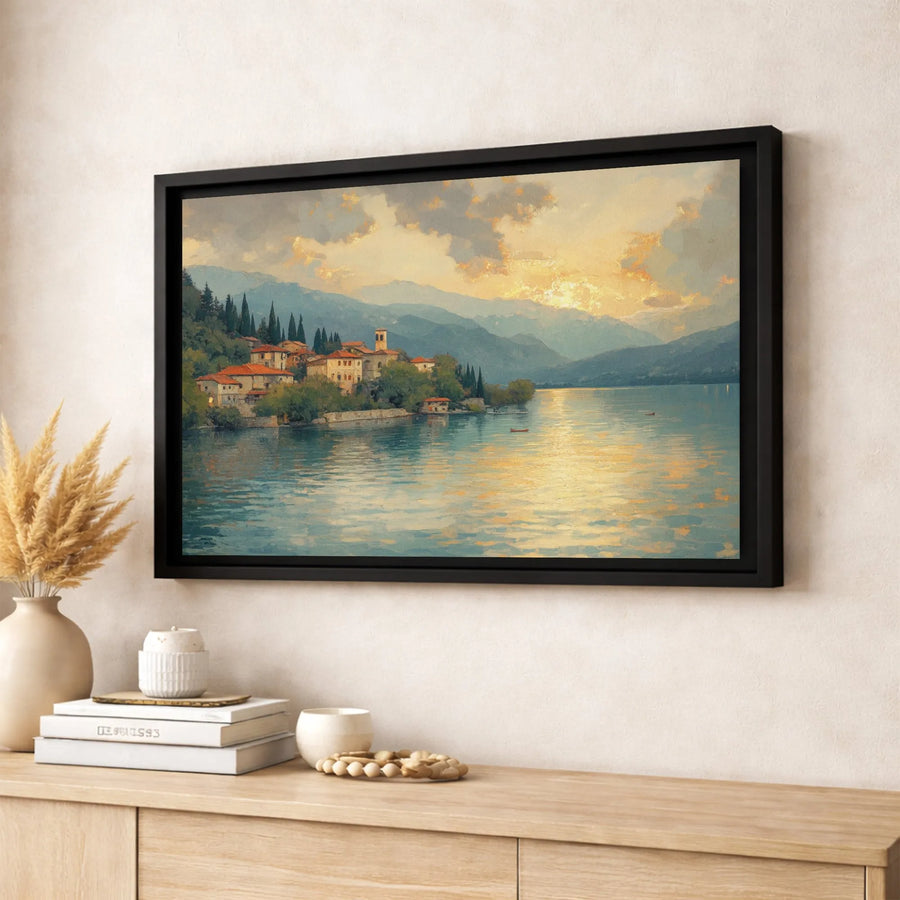 Italian Lake Village Canvas Wall Art | Impressionist Sunset Landscape | Gallery-Wrapped Premium Print | Mediterranean Home Decor Gift