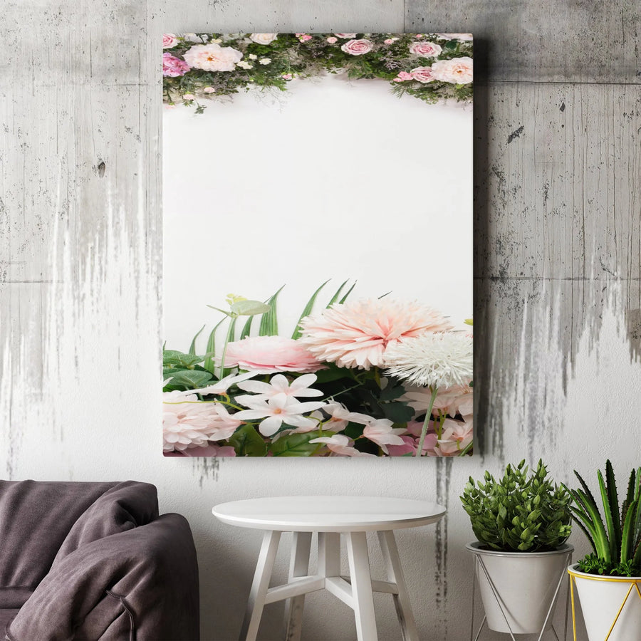 Pink Floral Garland Vertical Canvas | Elegant Rose & Dahlia Botanical Border Wall Art | Premium 1.25” Gallery Wrap | Romantic Wedding Ceremony Sign & Gift