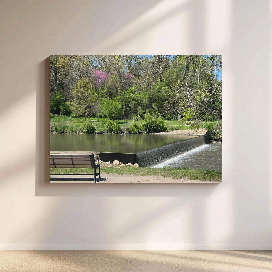 River Park Canvas Wall Art | Peaceful Waterfall & Spring Trees Photo | Premium Fade-Resistant Print | Serene Nature Decor Gift for Living Room