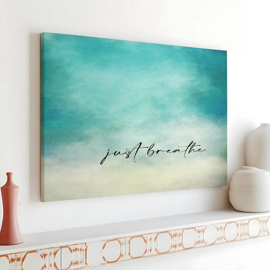 Just Breathe Canvas Wall Art | Minimalist Teal Watercolor Print | Premium Gallery Canvas | Yoga Studio Decor & Mindfulness Gift