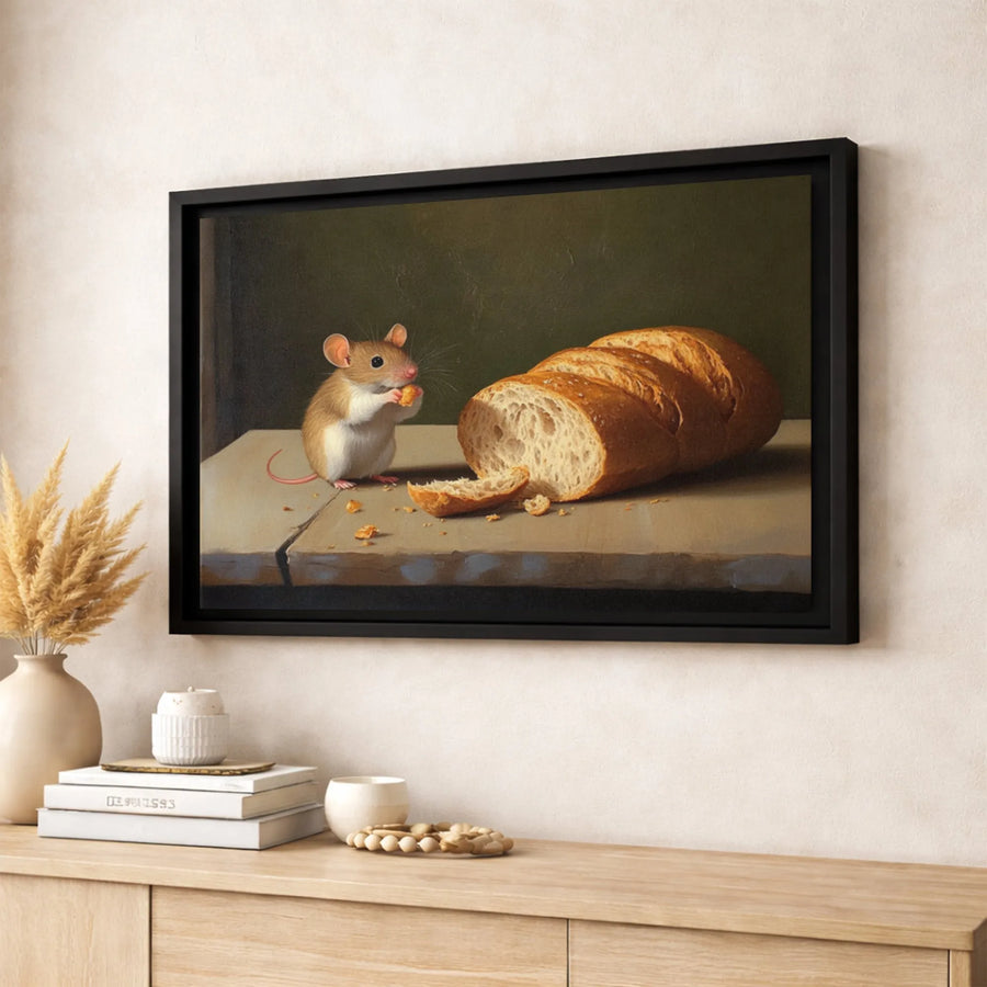 Cute Mouse Eating Bread Canvas Wall Art | Whimsical Still Life Animal Portrait | Premium Fade-Resistant Print | Gallery-Quality Decor for Kitchen or Nursery