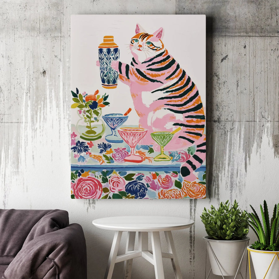 Pink Tiger Cat Wall Art | Whimsical Bartender With Cocktails Illustration | Premium 1.25-inch Canvas Print | Unique Kitchen Bar Decor Gift