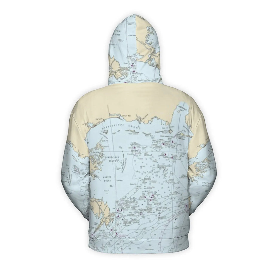 Mississippi Sound Nautical Chart 3D Hoodie | Vintage Map All-Over Print | Premium Polyester Fleece | Gift for Boaters and Sailors