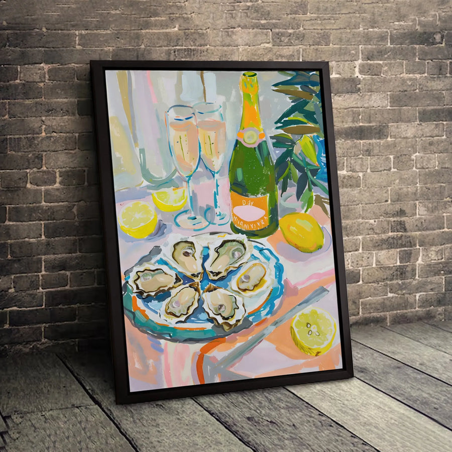 Oyster and Champagne Canvas Wall Art | Still Life Kitchen Decor Print | Premium Gallery Wrapped Canvas | Luxury Foodie Dining Room Gift