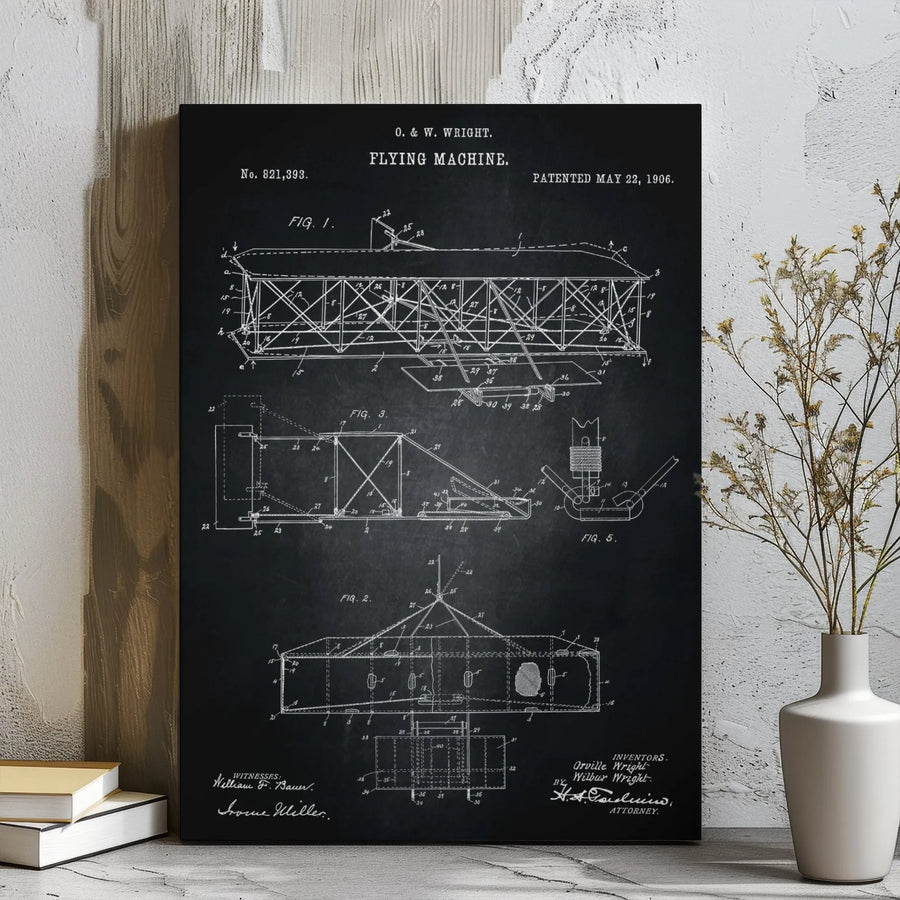 Wright Brothers Flying Machine Patent Canvas | Vintage 1906 Airplane Blueprint | Premium Gallery Wrap Wall Art | Aviation Decor Gift for Pilot